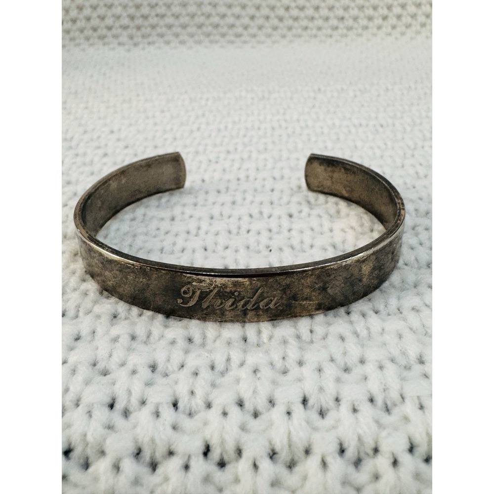 Vintage Silver Tone Engraved Name Bangle Cuff Bracelet Thida 6"